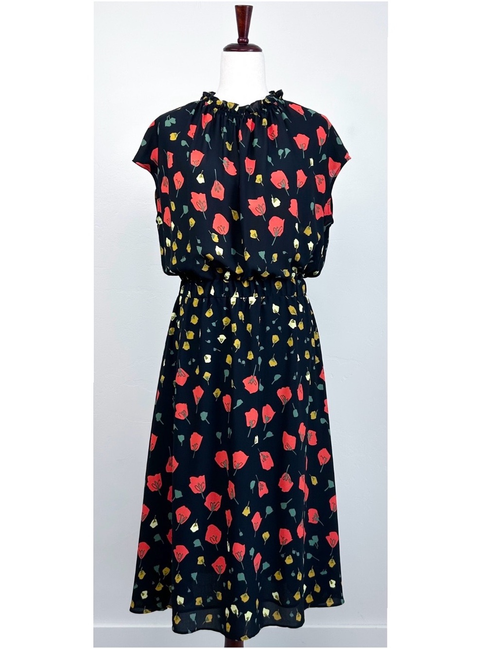 Banana Republic Autumnal Poppy Floral Cap Sleeve High Neck Midi Dress SIZE 12